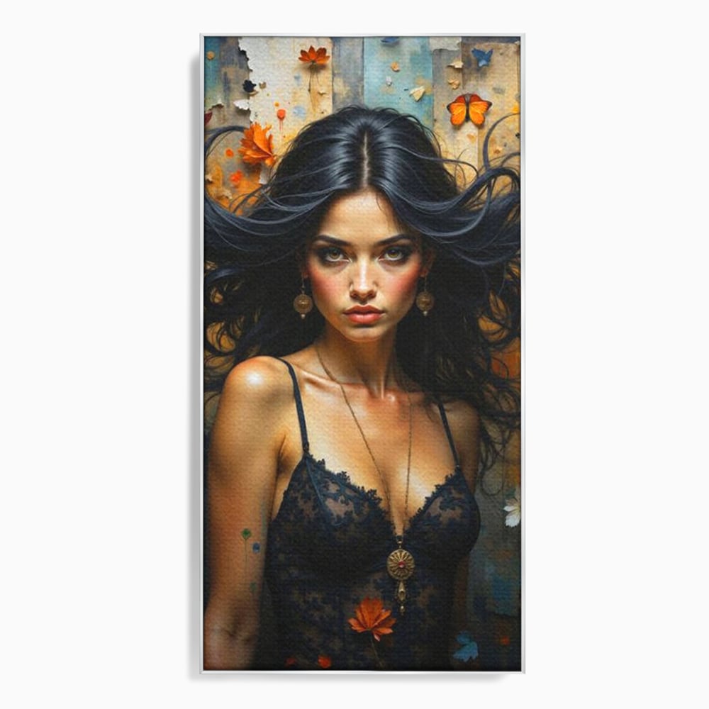 Tablou canvas cu tablou canvas cu portret de femeie par negru fluturi si frunze, in rama de aluminiu argintiu